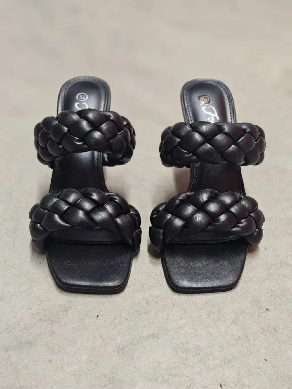 Braided Double Strap Black Heeled Sandals With Square Toe Design For Women